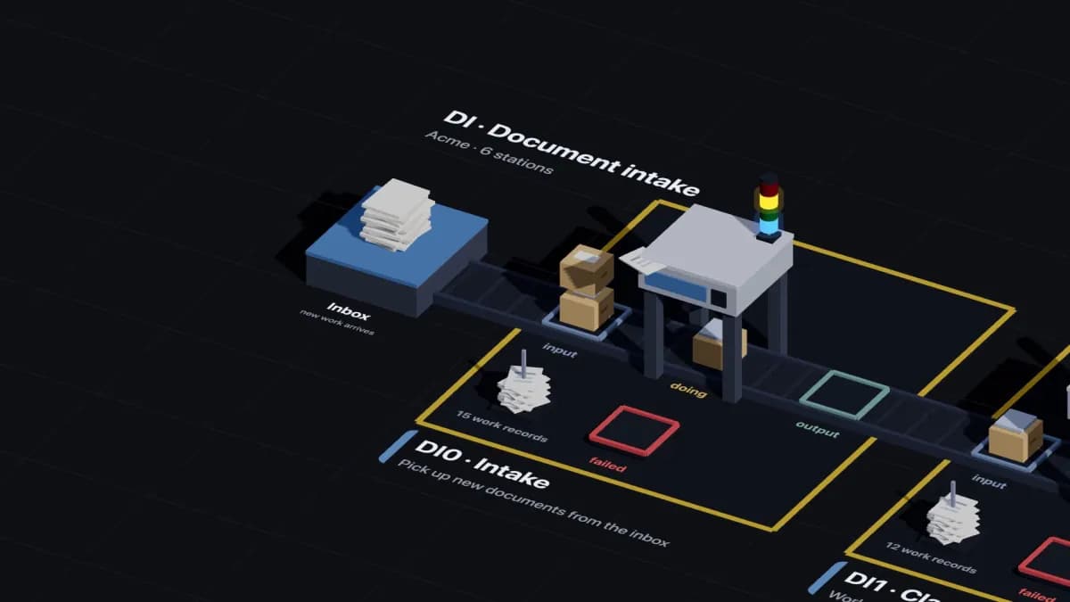 An inbox dock piled with paper at the start of a conveyor; crates drop onto the belt towards the first station.